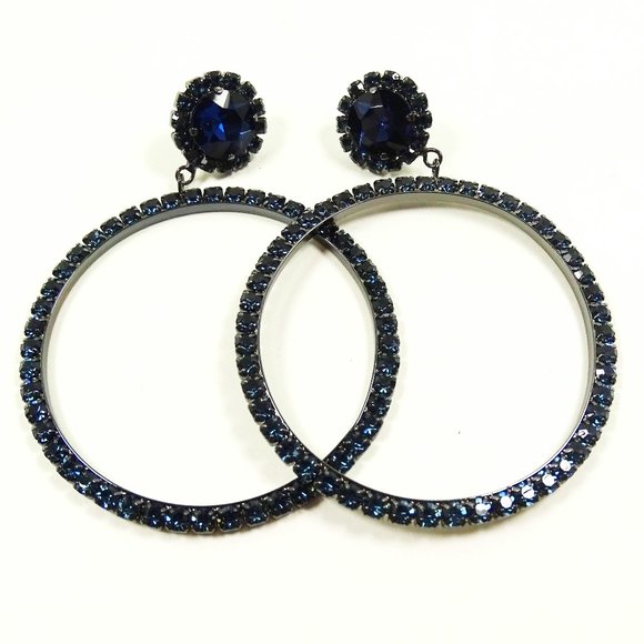 KATE SPADE Black Rhodium Plated Blue Crystals Glitzville Drop Hoop Earrings